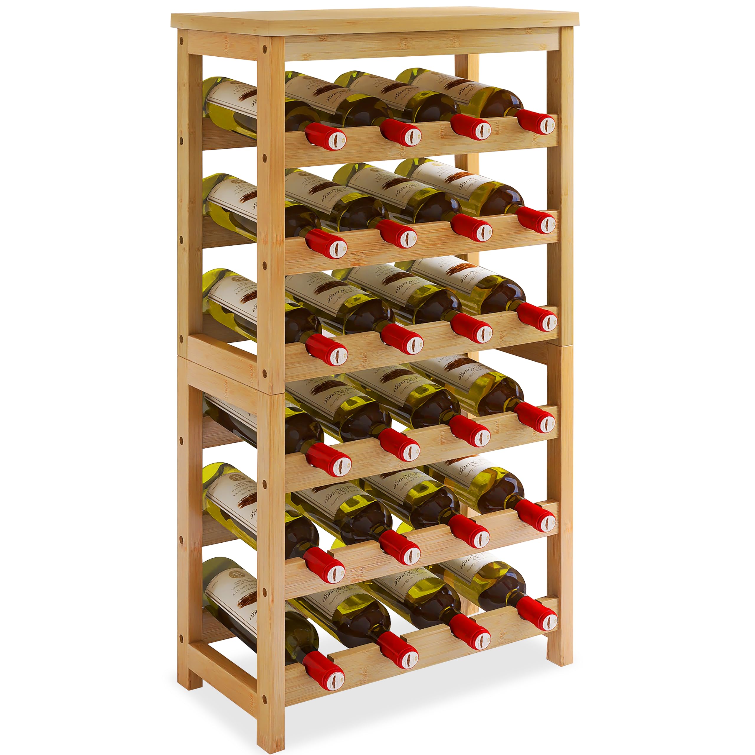 STELLSTAR 24 Flaschen Boden Weinregal mit Tischplatte, 6 Tier Bambus Wein Display Storage Regale, Wave Bars freistehende Weinflasche Veranstalter Regal für Küche Speisekammer Keller, Natur