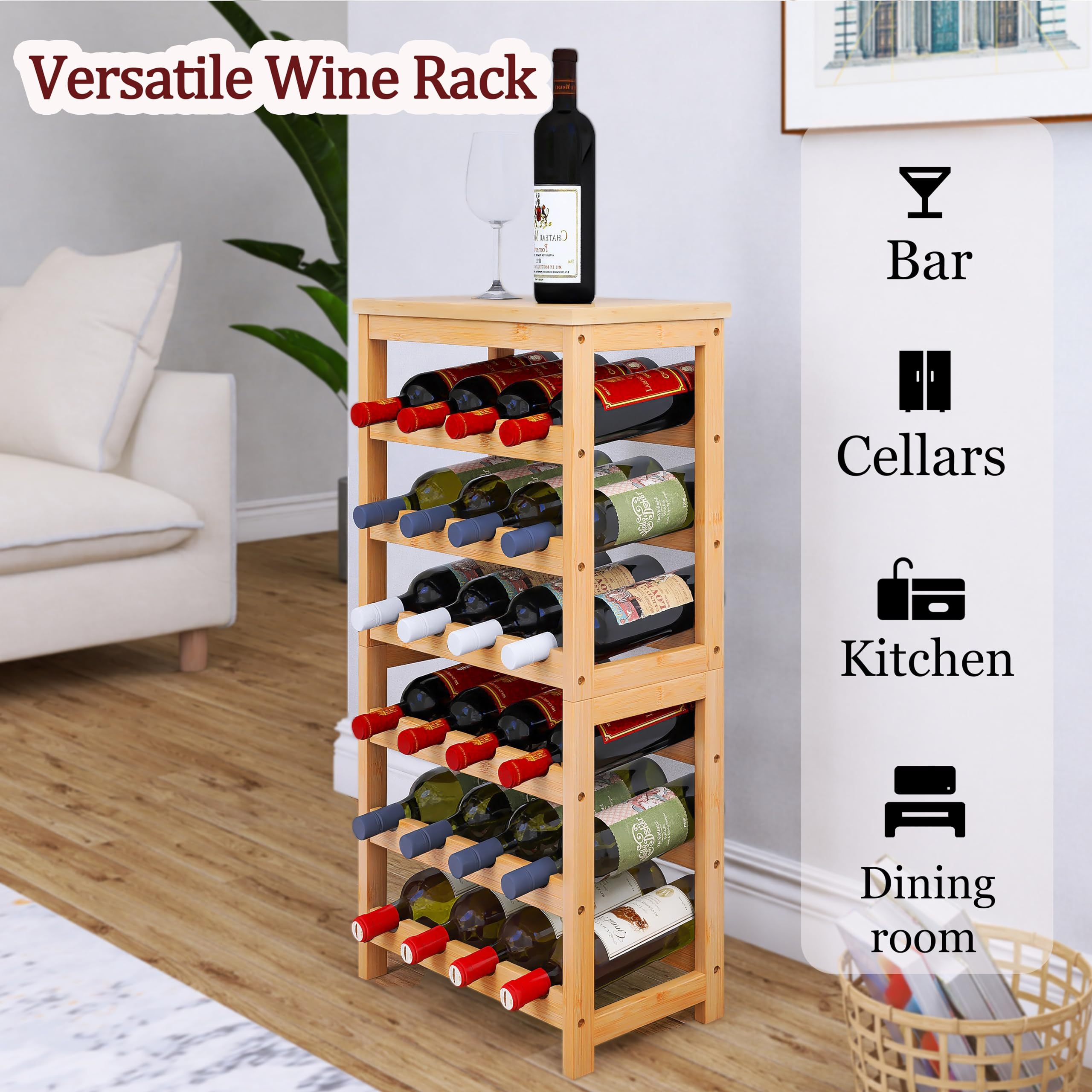 STELLSTAR 24 Flaschen Boden Weinregal mit Tischplatte, 6 Tier Bambus Wein Display Storage Regale, Wave Bars freistehende Weinflasche Veranstalter Regal für Küche Speisekammer Keller, Natur