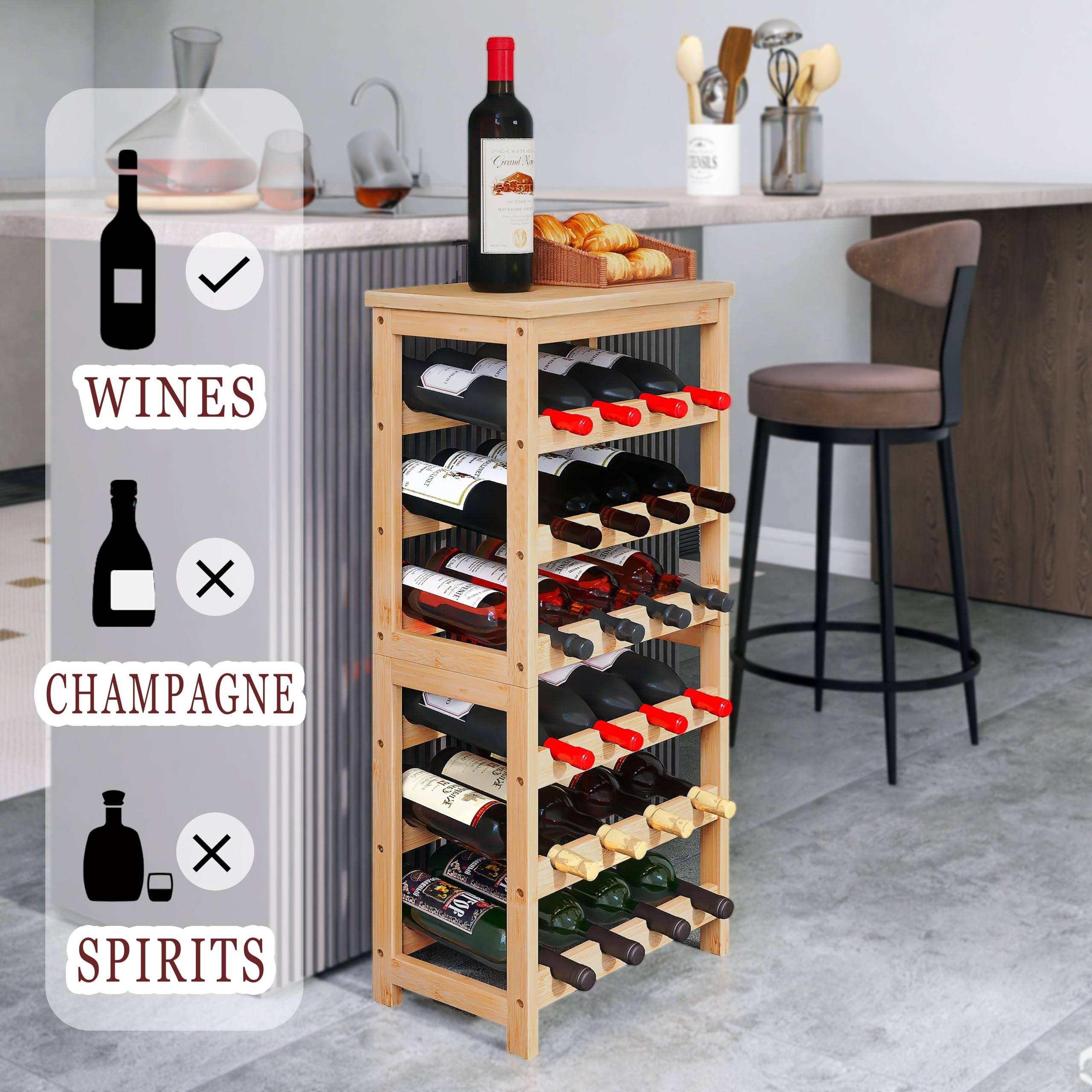 STELLSTAR 24 Flaschen Boden Weinregal mit Tischplatte, 6 Tier Bambus Wein Display Storage Regale, Wave Bars freistehende Weinflasche Veranstalter Regal für Küche Speisekammer Keller, Natur